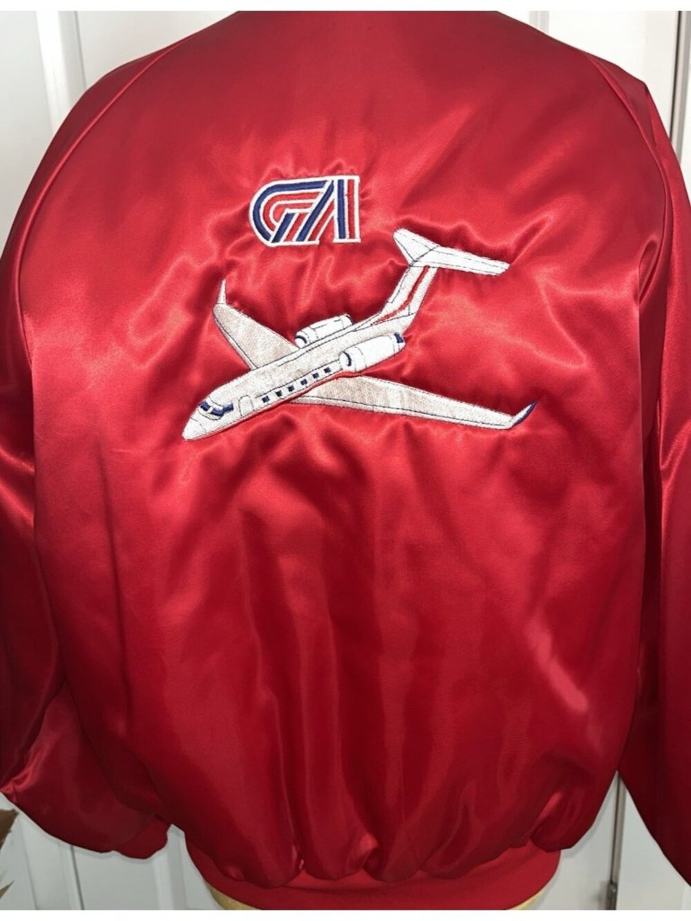 1970's Jacket Mens L Red Satin Bomber USA Private Jet Aircraft Transport Andy